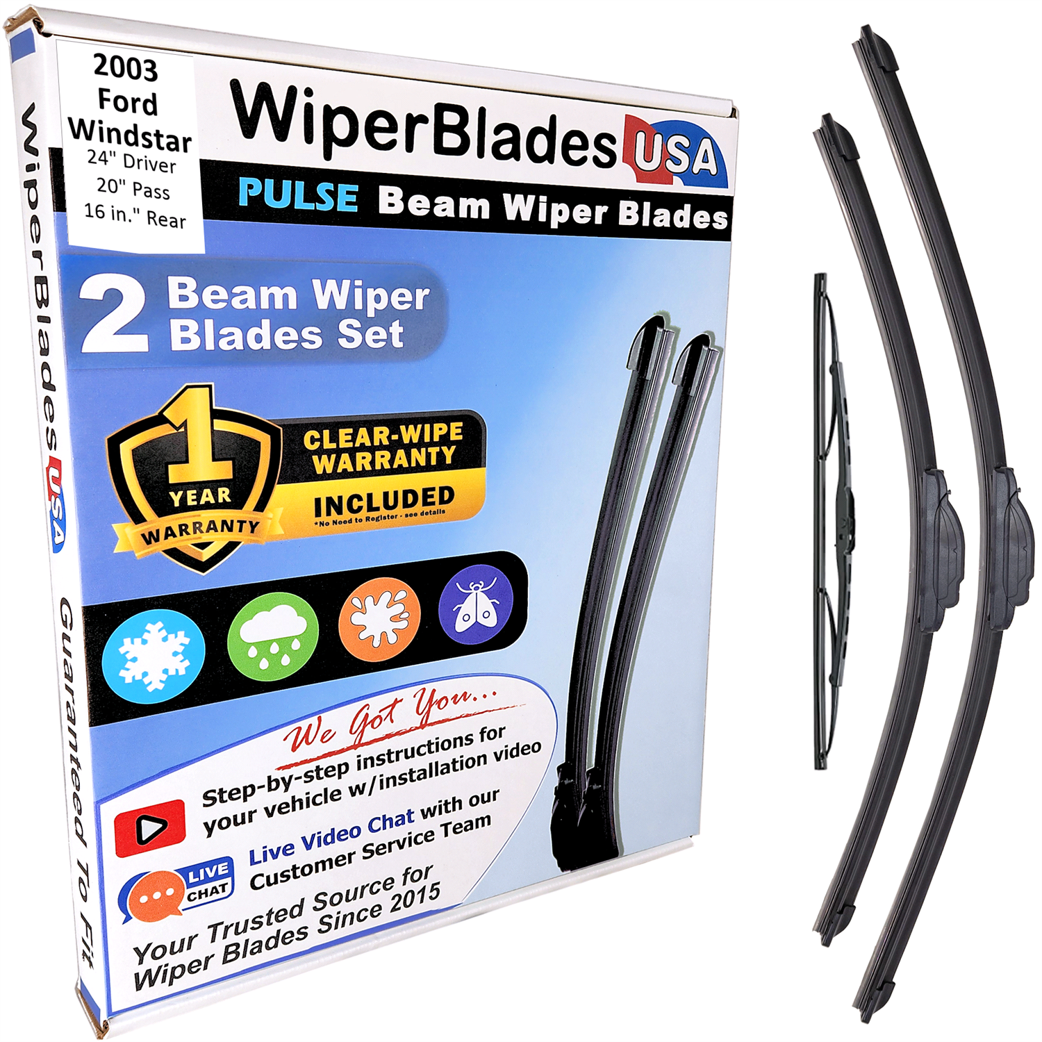 2003 Ford Windstar Wiper Blades w/1yr Wear Warranty (Set of 3) w/Rear Wipers