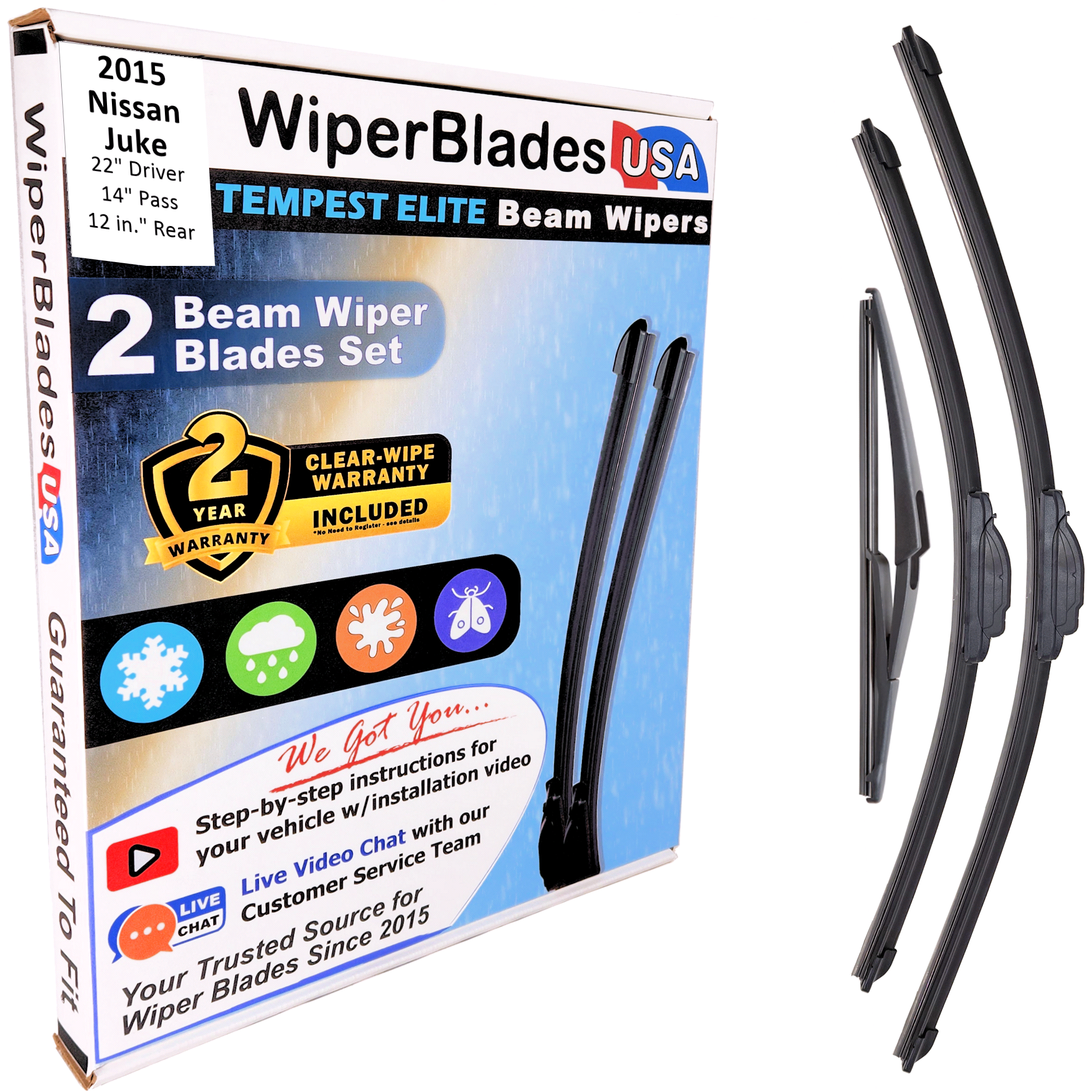 2015 Nissan Juke Wiper Blades w/2yr Wear Warranty (Set of 3) w/Rear Beam Wipers