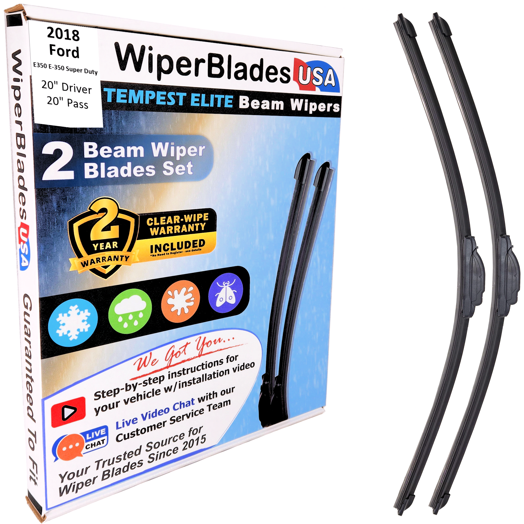 2018 Ford E350 E-350 Super Duty Wiper Blades w/2yr Warranty (Set of 2) Wipers