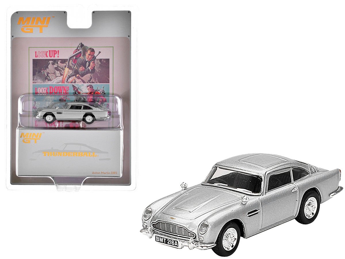 Aston Martin DB5 RHD (Right Hand Drive) Birch Silver Metallic 007 James Bond "Thunderball" (1965) Movie Limited Edition 1/64 Diecast Model Car by Mini GT - VintageVp