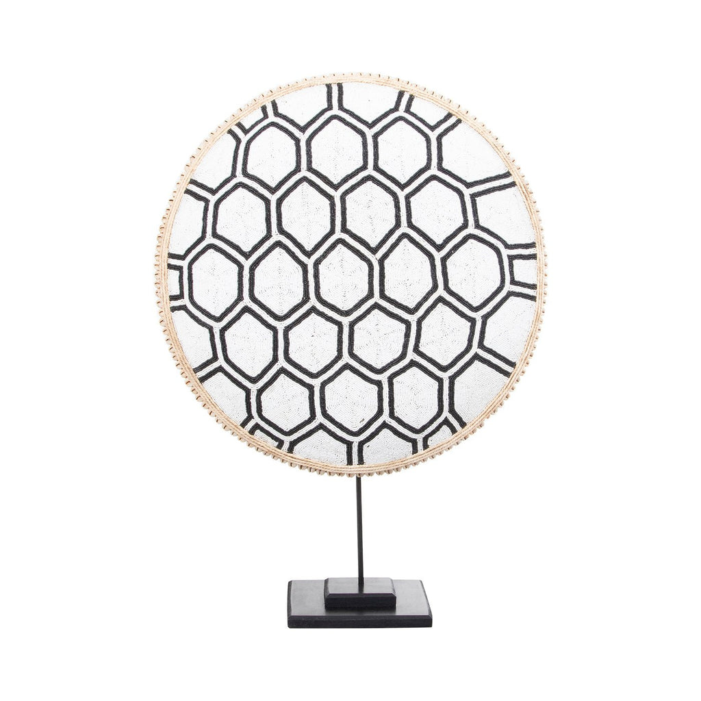 Beaded Cameroon Shield Black & White on stand | Hexagon Dark Design - VintageVp