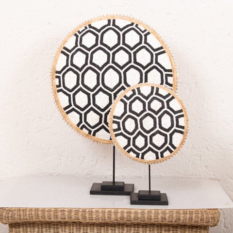 Beaded Cameroon Shield Black & White on stand | Hexagon Dark Design - VintageVp