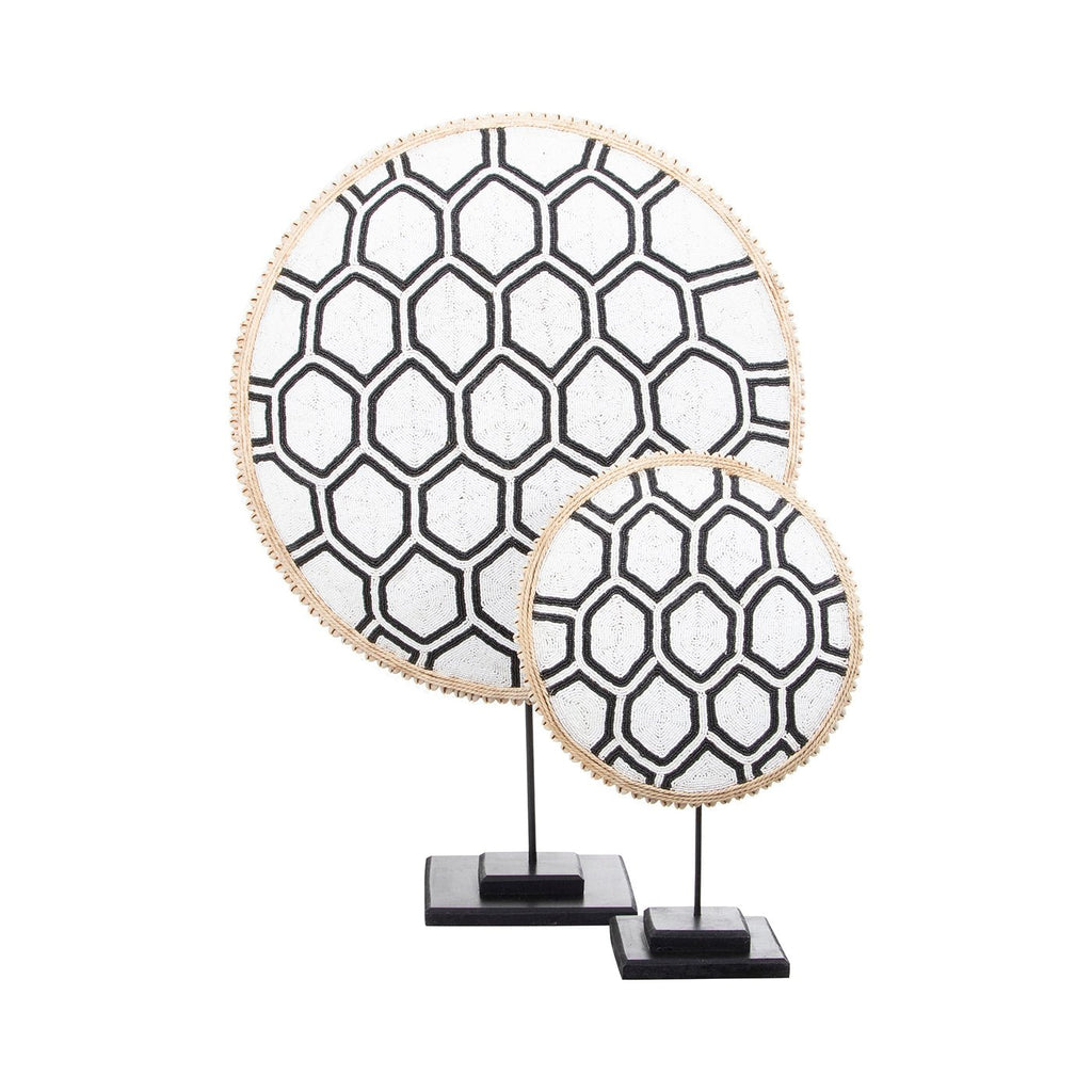Beaded Cameroon Shield Black & White on stand | Hexagon Dark Design - VintageVp