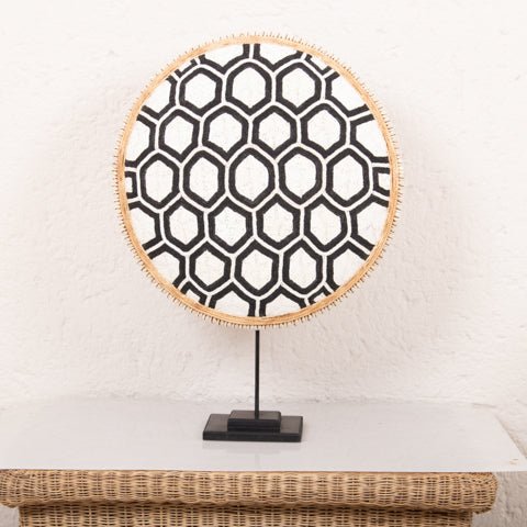 Beaded Cameroon Shield Black & White on stand | Hexagon Dark Design - VintageVp