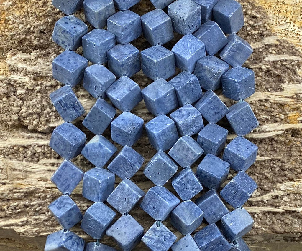 Natural Blue Coral Side Hole Cube 8-9mm 12-13mm - VintageVp