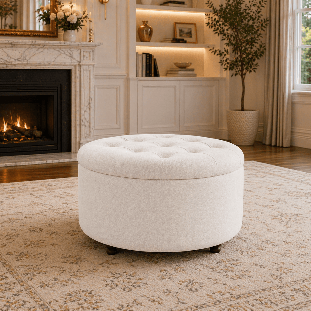 White Upholstered Accent Chair with Round Storage Ottoman Set for Living Room or Bedroom - VintageVp