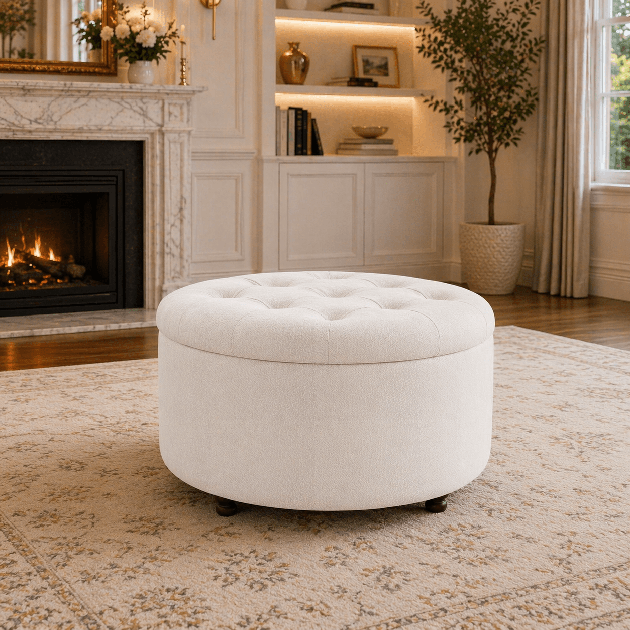 White Upholstered Accent Chair with Round Storage Ottoman Set for Living Room or Bedroom - VintageVp