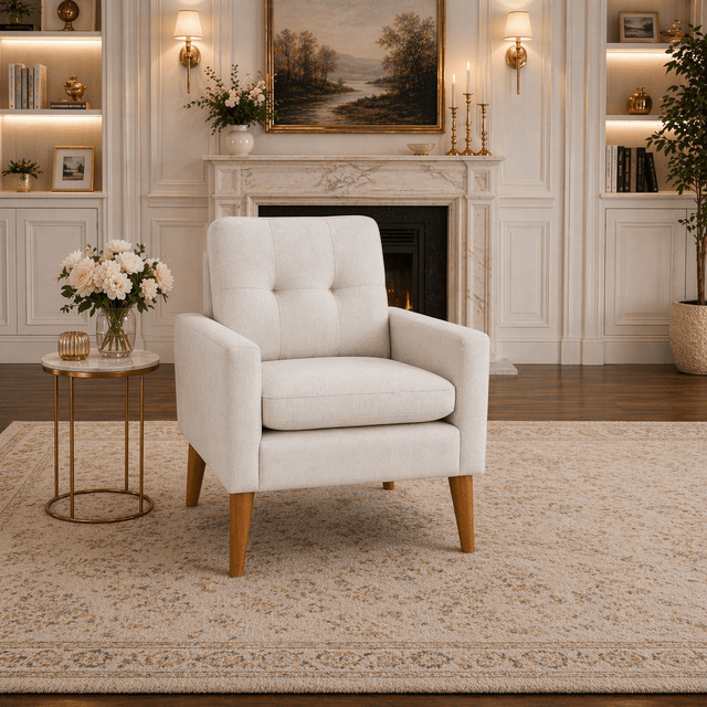 White Upholstered Accent Chair with Round Storage Ottoman Set for Living Room or Bedroom - VintageVp