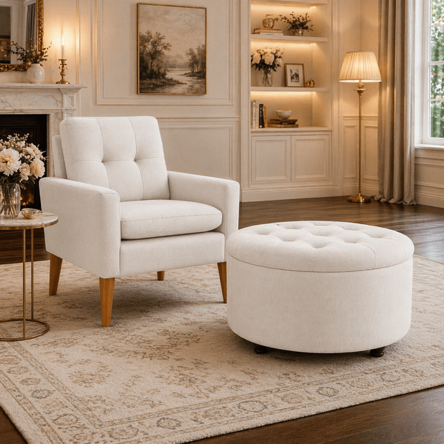 White Upholstered Accent Chair with Round Storage Ottoman Set for Living Room or Bedroom - VintageVp