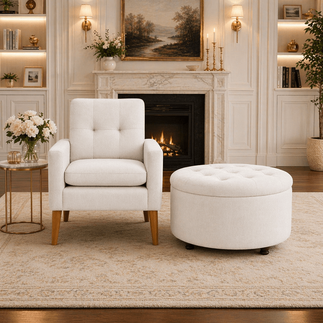 White Upholstered Accent Chair with Round Storage Ottoman Set for Living Room or Bedroom - VintageVp