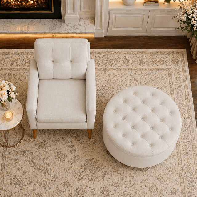 White Upholstered Accent Chair with Round Storage Ottoman Set for Living Room or Bedroom - VintageVp