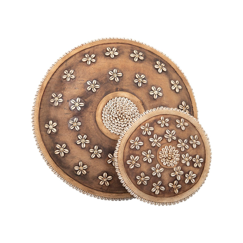Wooden Natural Cameroon Shield | Cowrie Shells Floral Design - VintageVp