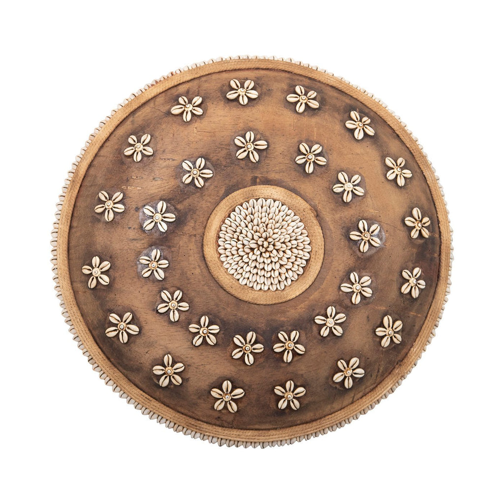 Wooden Natural Cameroon Shield | Cowrie Shells Floral Design - VintageVp