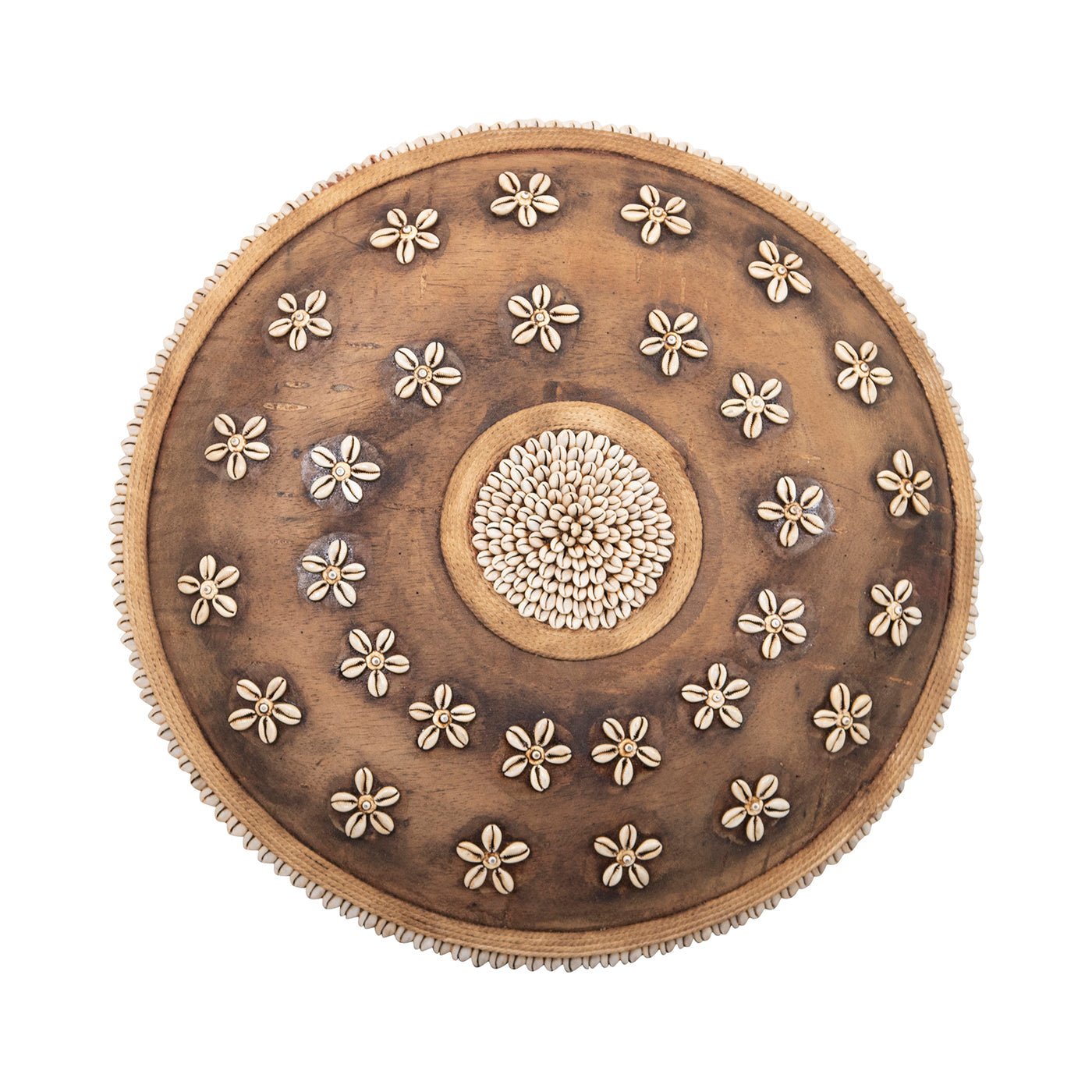 Wooden Natural Cameroon Shield | Cowrie Shells Floral Design - VintageVp