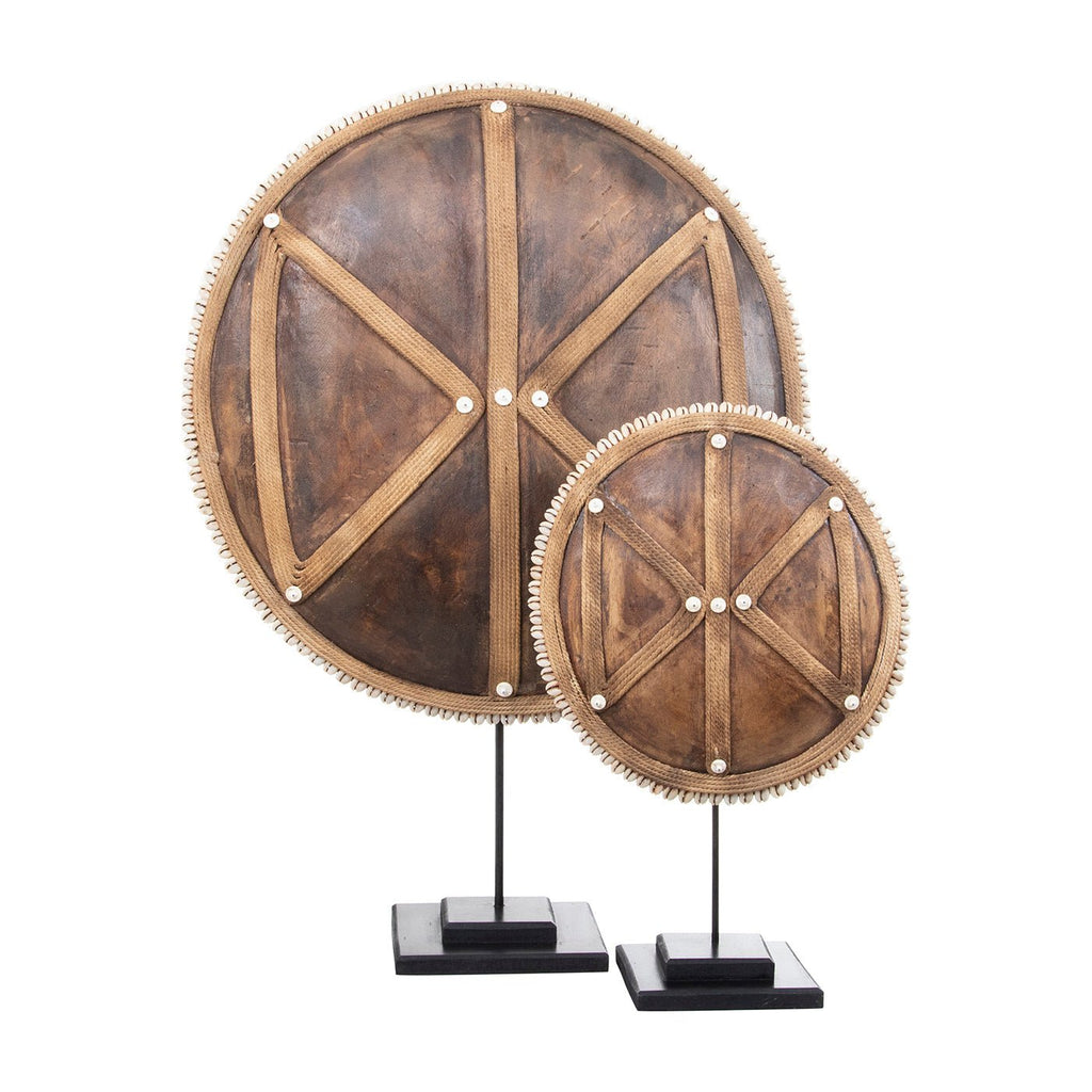 Wooden Natural Cameroon Shield on stand | Manilla Geometric Design with Cowrie Edge - VintageVp