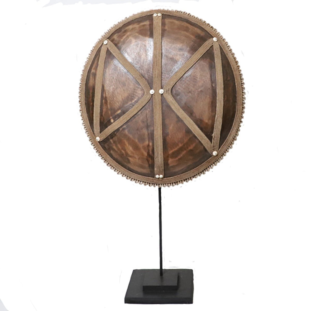 Wooden Natural Cameroon Shield on stand | Manilla Geometric Design with Cowrie Edge - VintageVp