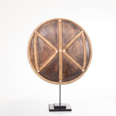 Wooden Natural Cameroon Shield on stand | Manilla Geometric Design with Cowrie Edge - VintageVp