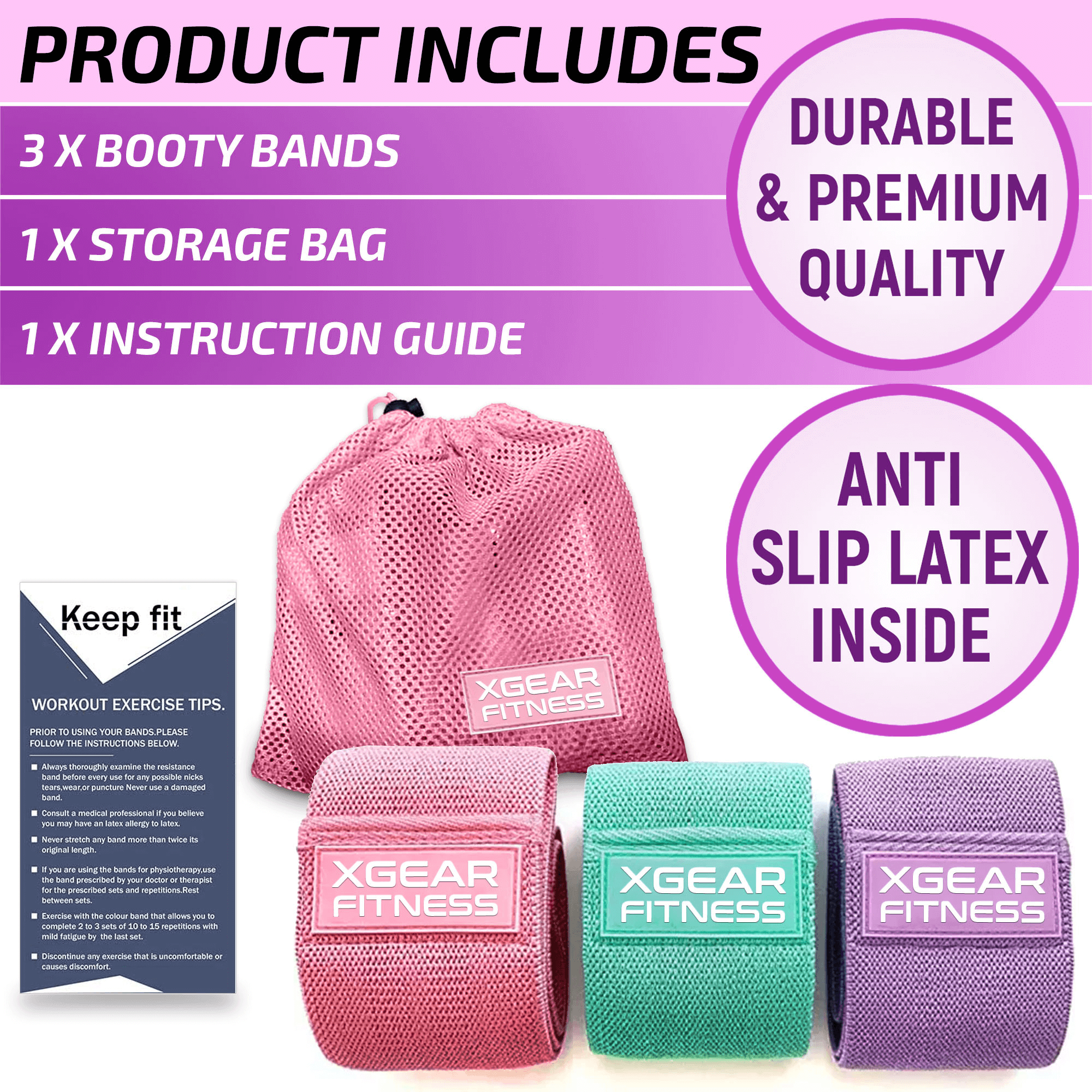 XGear Fitness Set of 3 Womens Butt and Hip Exercise Bands - VintageVp